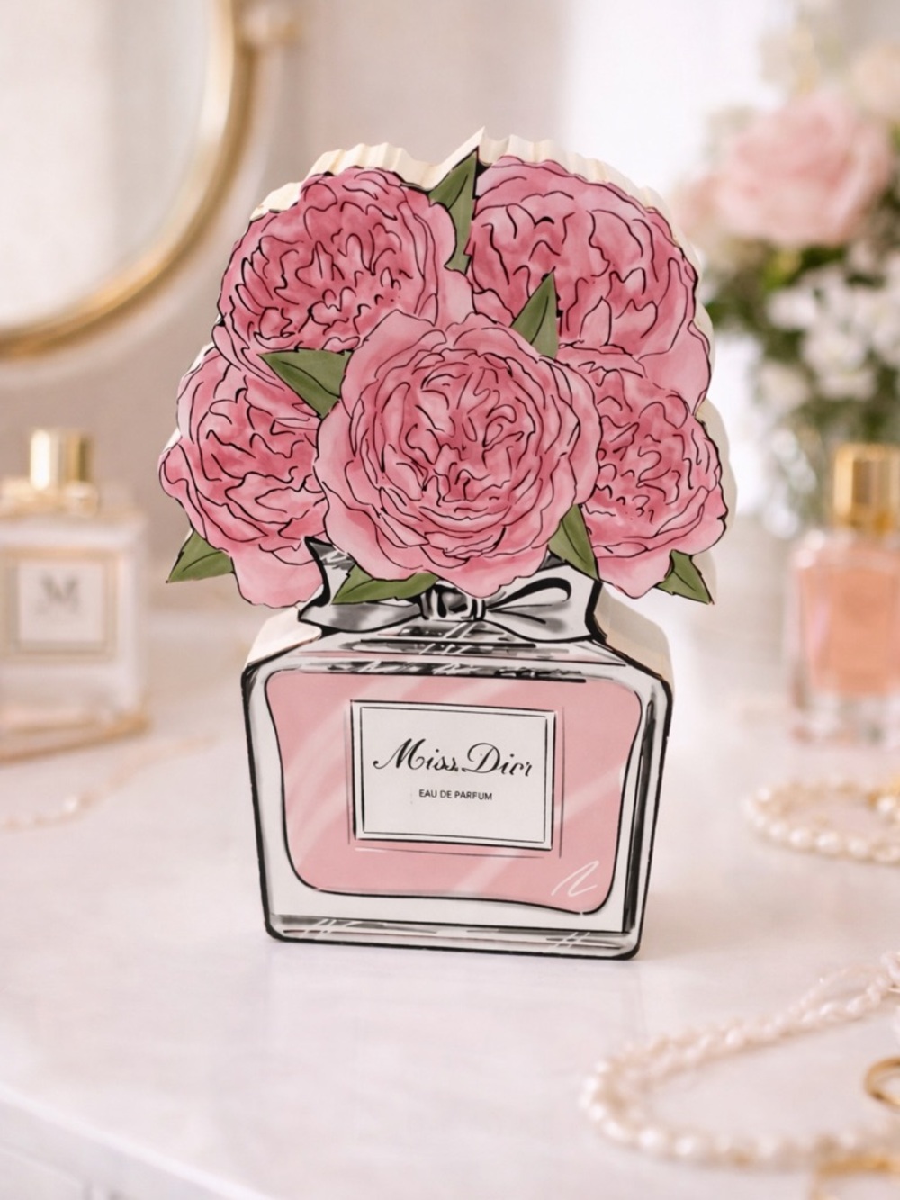 Designer Inspired Miss Dior Perfume Bottle Wall Art Standee Pink Home Decor